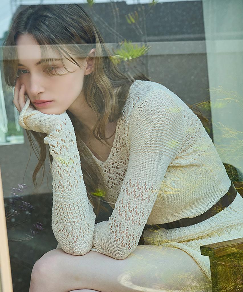 Kamino V-Neck Lace Knit Dress Beige