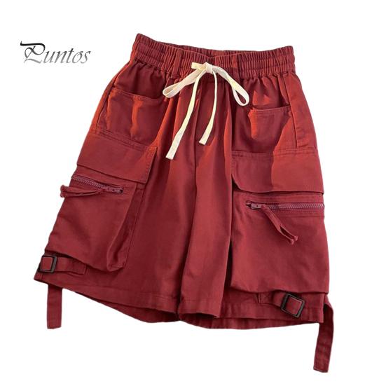 Men Cargo Shorts Elastic Waist Adjustable Drawstring Sport Shorts with Multi Pockets Wide Leg Casual Shorts