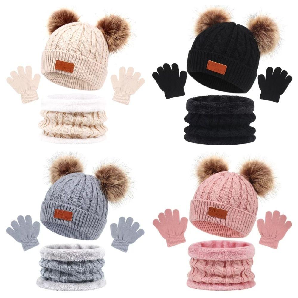 3pcs Outdoor Warm Baby Hat Scarf Gloves Set Windproof Pompom Knitted Hats New Toddler Bonnet  Winter