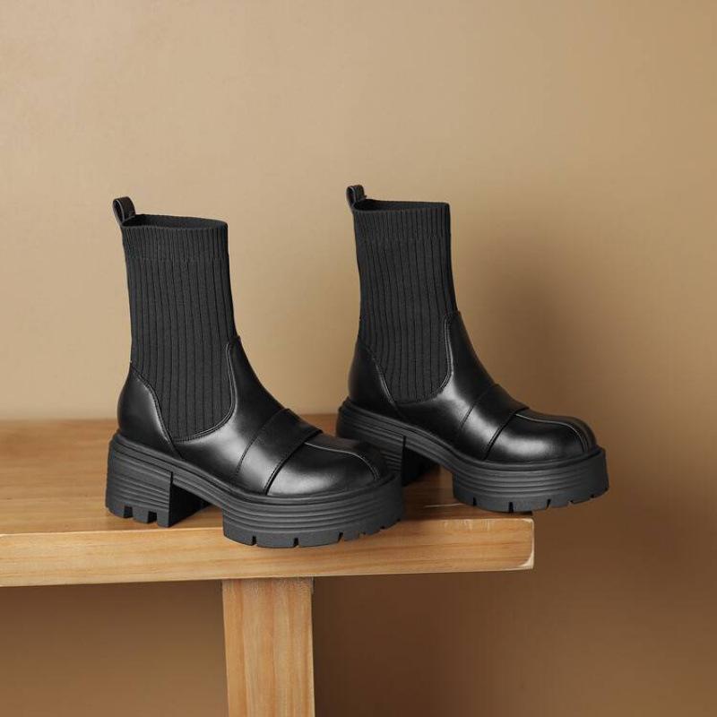 

Корейская версия женских ботинок Мартин на среднем каблуке с круглым носком на толстой подошве, комфортные ботинки-чулки с круглым носком, новый большой размер, женские ботинки на осень и зиму 39
