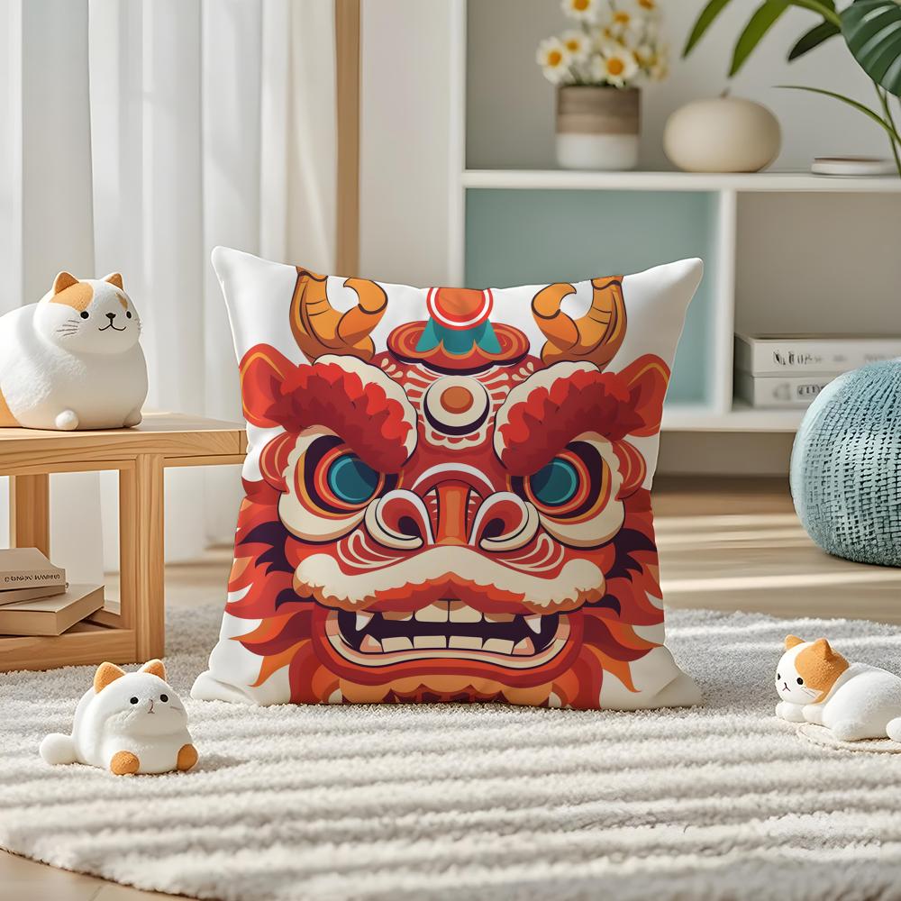 Oriental Festive Lion Print Pillow Case Double-Sided Plush Sofa Cushion Covers Organic Breathable Invisible Zipper