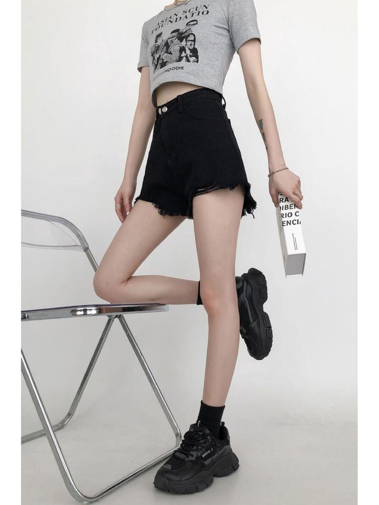 Women's High Waist Black Wide Leg Denim Shorts - Retro Raw Edge, Spring/Summer 2025