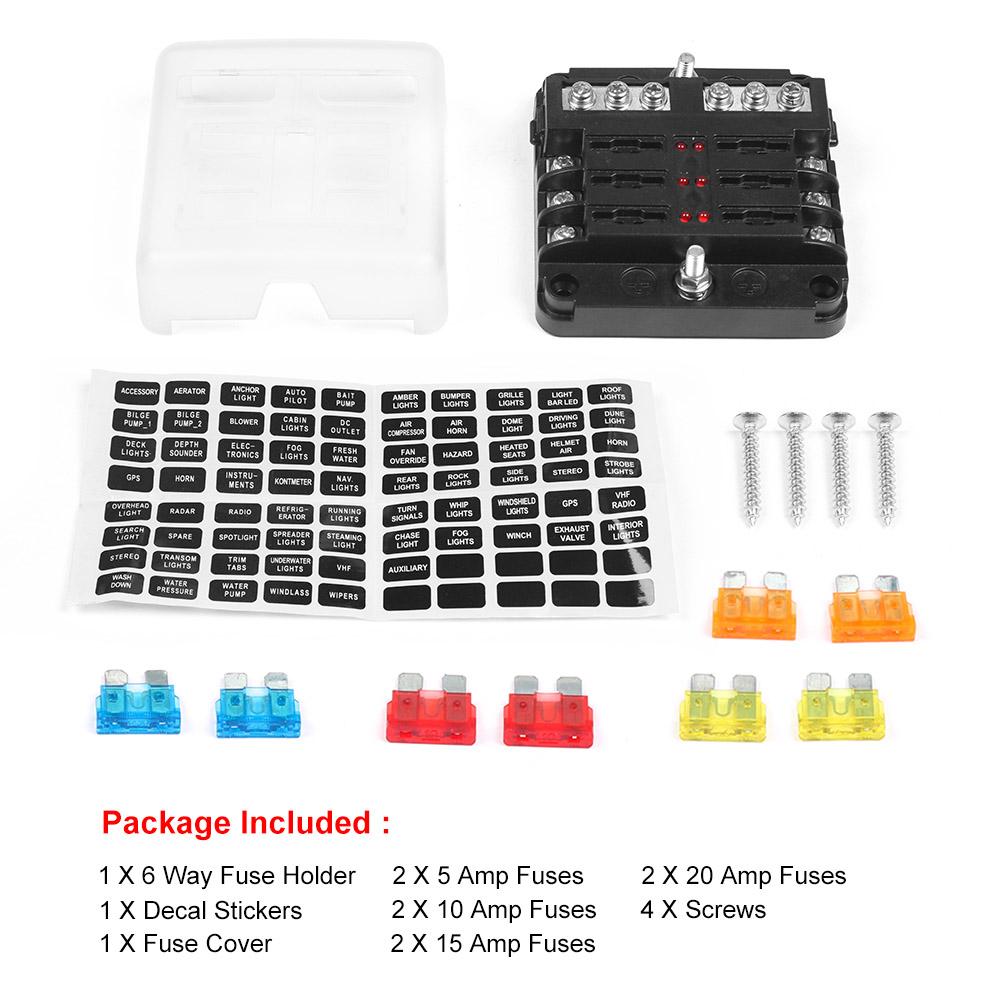 

Блок держателей предохранителей-лепестков на 6 или 12 гнёзд для автомобиля, лодки, с LED-индикатором 12В 32В, водонепроницаемая панель распределения питания для авто, морского транспорта 6 Ways Fuse Box