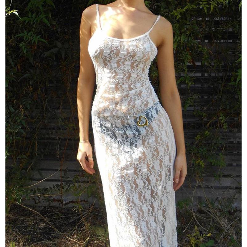 European and American Women's Summer Plum Blossom Mesh Suspender Sexy Backless Temperament Long Skirt Dress for Women