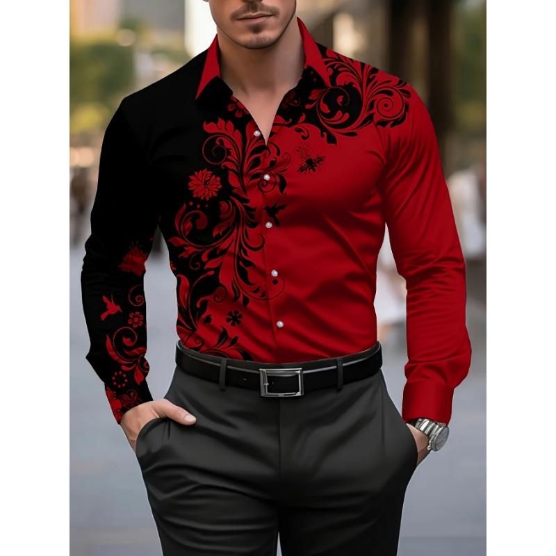 Men S Stylish Red Floral Print Dress Shirt - Casual Long Sleeve Button-Up Design Spring Fashion Shirt Floral Print Shirt S