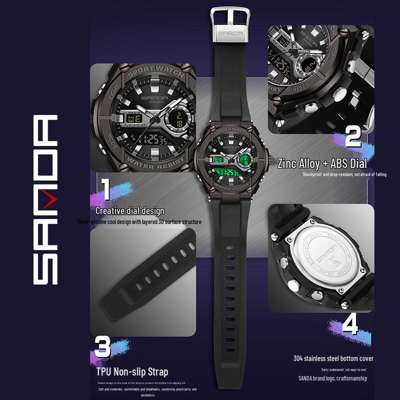 Sanda Man 3123 Multi-function Tactical Military Style Waterproof Luminous Alloy Sports Watch.