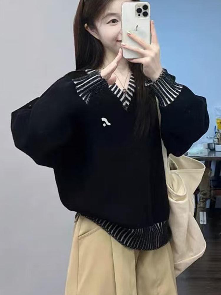 Korean V-Neck Black Wool Sweater with Stripes - Women's Autumn Age-Reducing Style 2026