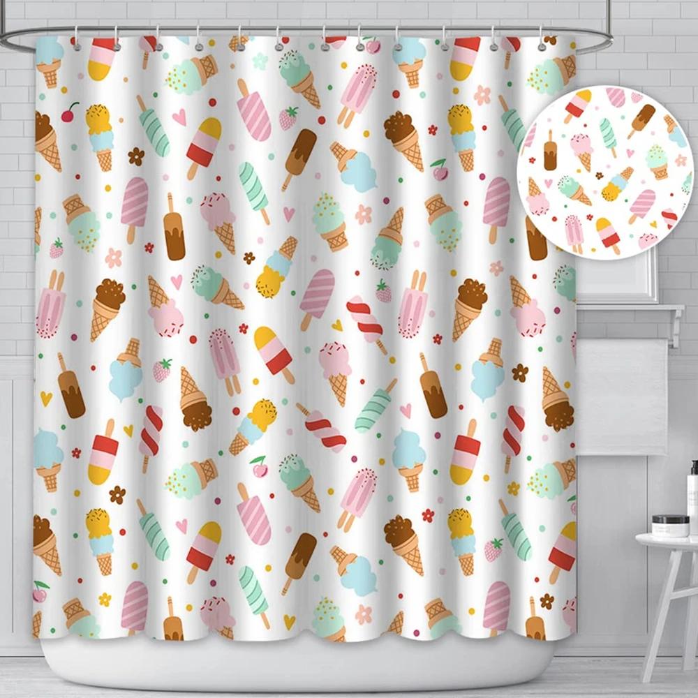 

Ice Cream Shower Curtain Summer Flower Rainbow Popsicle Colorful Dots Design Fabric Waterproof Bath Curtain Bathroom Curtain Set W60H190(CM)-1 Pcs
