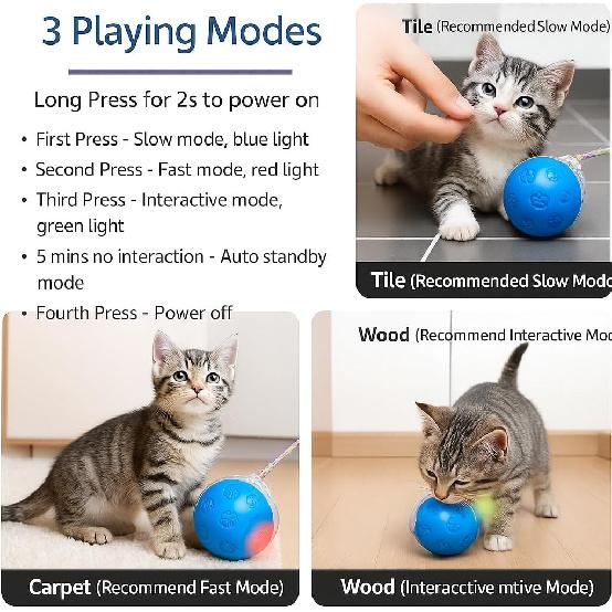 Interactive Cat Ball Toy, Automatic Self-Rolling, Motion-Activated, 3 Replaceable Teaser Wand Tails, Food-Grade TPU-Reinforced, Built-In Bluetooth