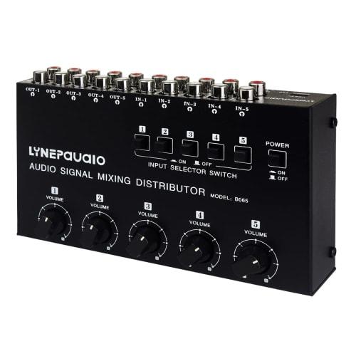5-in-5-out Mini Audio Mixer, Compact Stereo Distributor with RCA Interface, Independent Volume Control, Independent Input Switch, No Wear, 15dB Signal