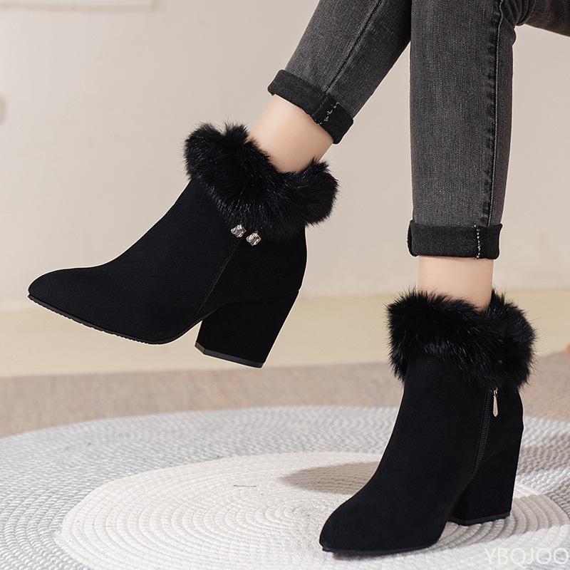 Winter New Thick Women's Cotton Boots Pointed Thick Heels Rhinestones Comfortable Simple Suede High Top Short Boots
