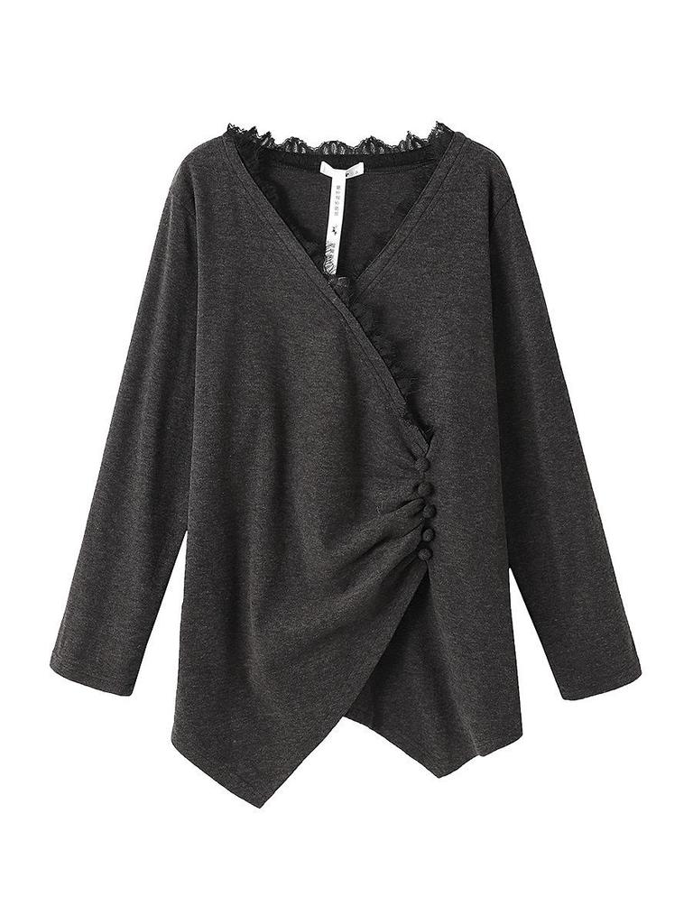 Plus Size Women's Winter Lace Patchwork V-neck Pleated Base Shirt (130-350 jin)