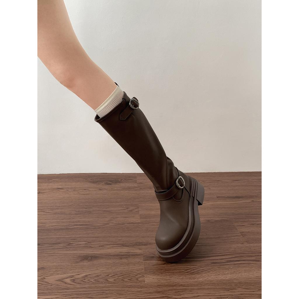 Brown British style but knee thick heel platform boots women's 2025 new autumn thin retro knight boots
