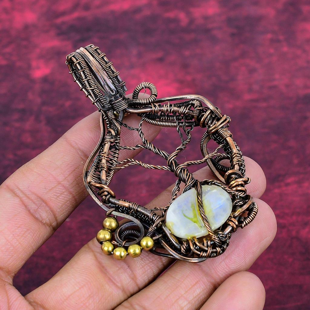 Tree Of Life Rainbow Moonstone Gemstone Pendant Copper Wire Wrapped Antique Jewelry