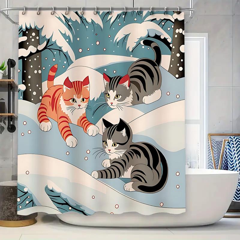

Cute Cats On Snowy Waves Shower Curtain For Bathroom Decor Add A Touch Of Playfulness And Warmth Waterproof Durable Easy-Clean W60H190(CM)-1 Pcs