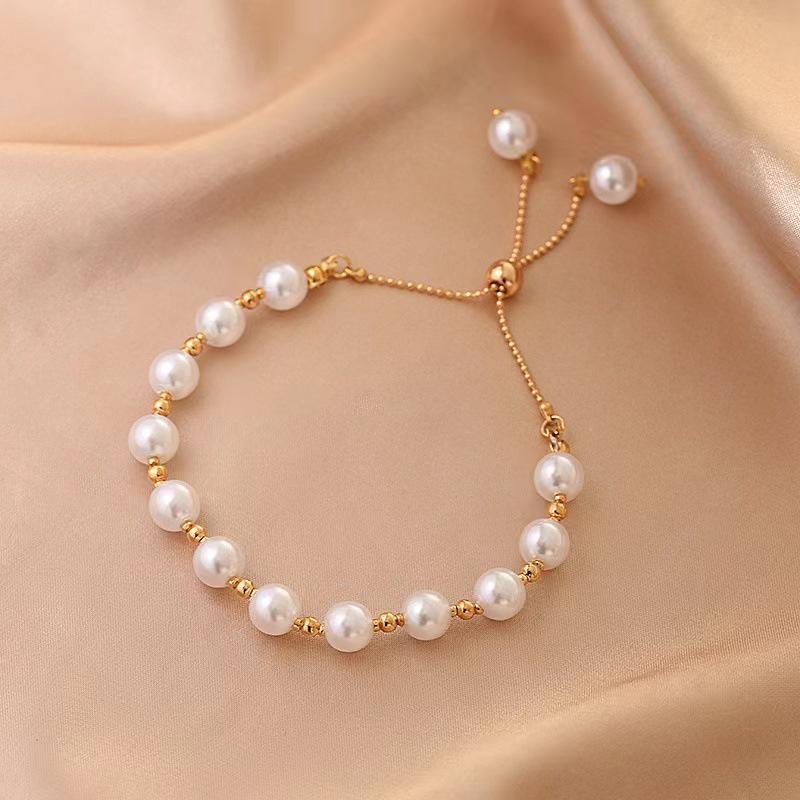 Gold Color Beads Pearls Mixed Adjustable Chain Bracelet Elegant Exquisite Bangles For Women  Jewelry Gift