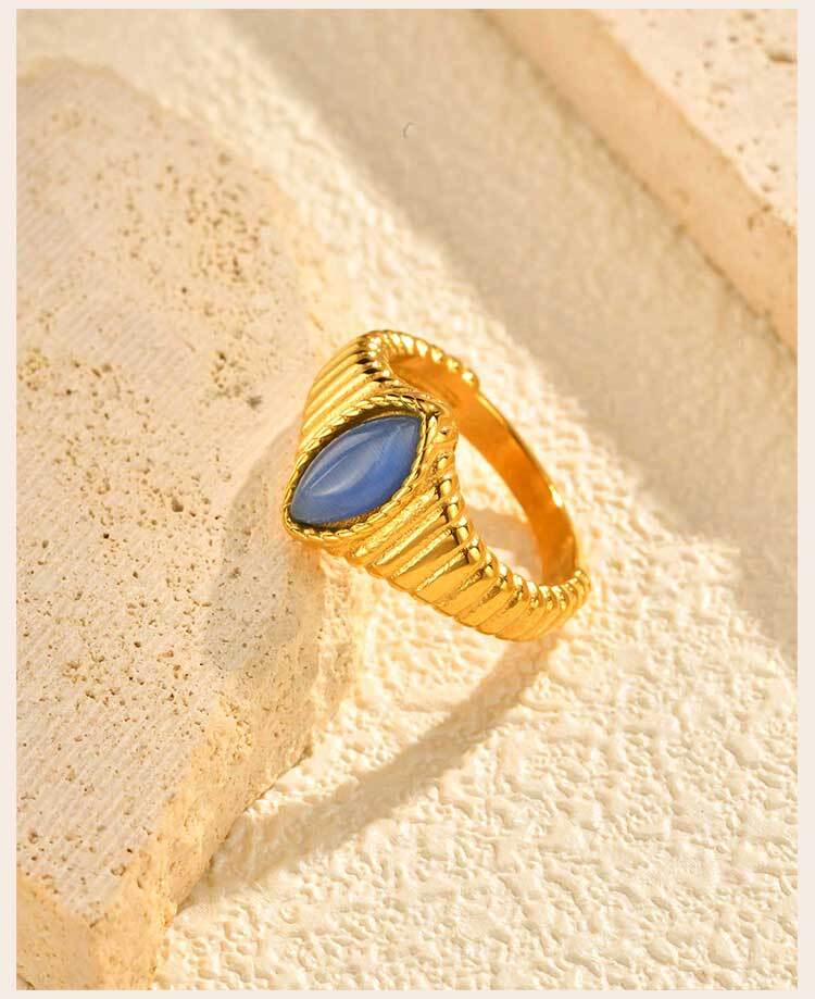 Stainless Steel Finger Rings for Women, Vintage Opal Blue Natural Stone Eye-shape Ring, Aesthetic Jewelry