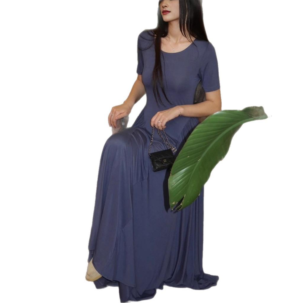 European and American women's clothing summer new fashion slim and thin round neck short-sleeved pleated pendulum long dress