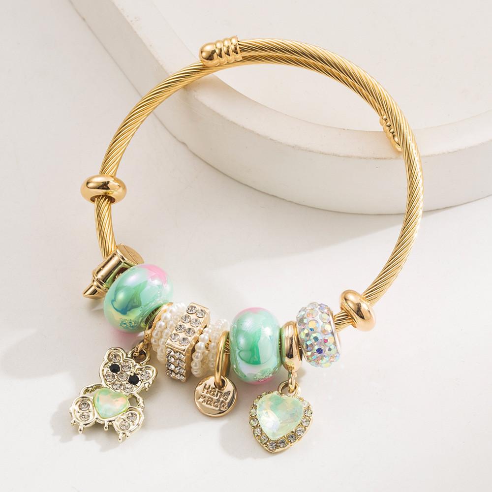 Stainless Steel Bracelet With Water Diamond Heart Bear Pendant For Women Girls Gift