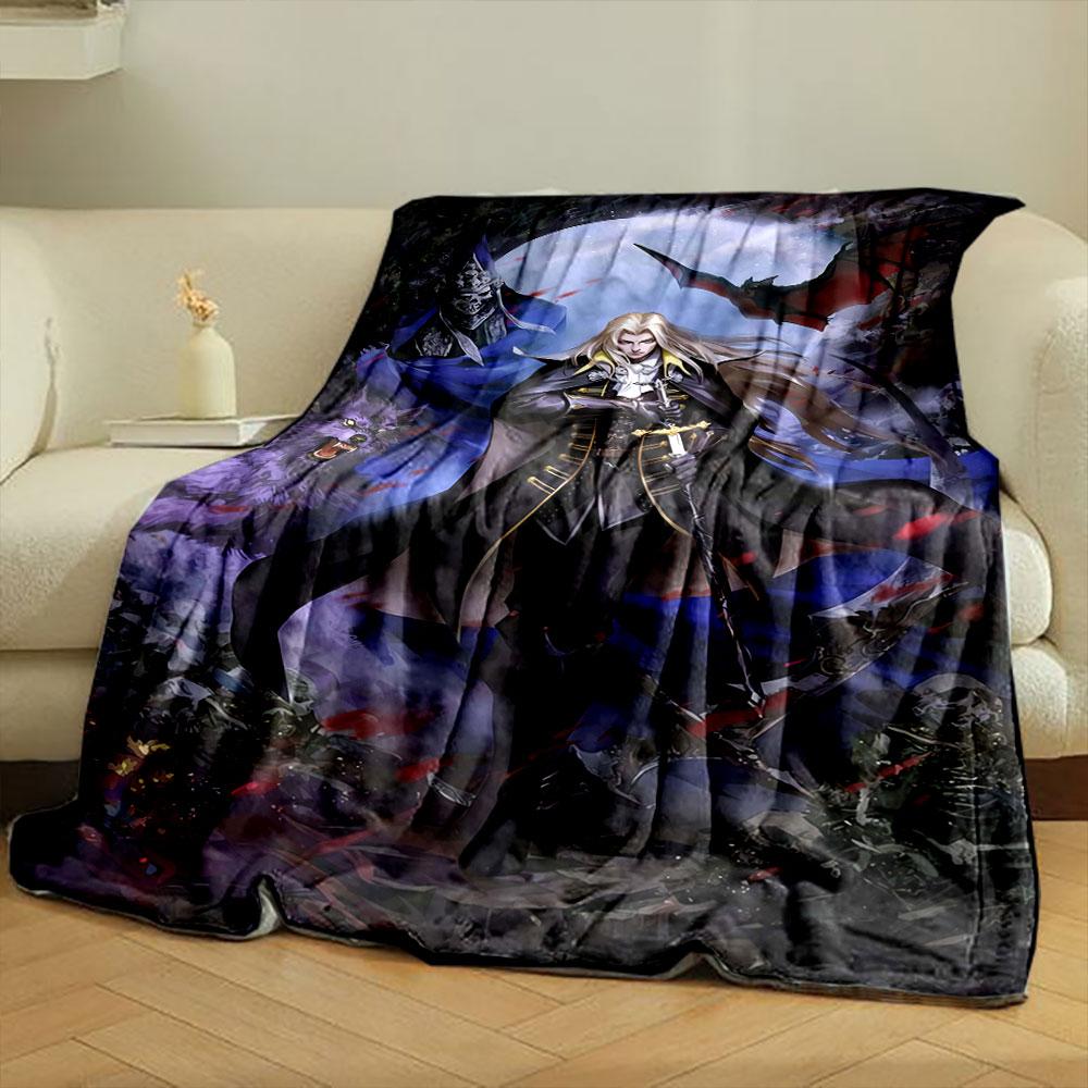 A vampire-like figure in black with supernatural creatures and a full moon. for all seasons blanket lunch break throw gift