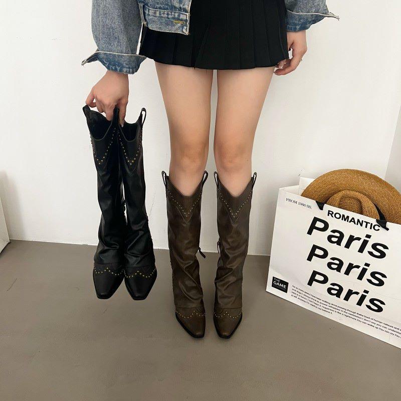 Summer 2025 New Vintage Pointed Western Boots Women's Brown Riveted Pants Boots Versatile Thick Heel Fashion Boots