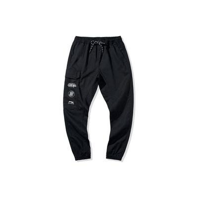 Li Ning Letter Logo Printed Big Pocket Cuffed Casual Pants Men Bottoms Black AKXQ001-1