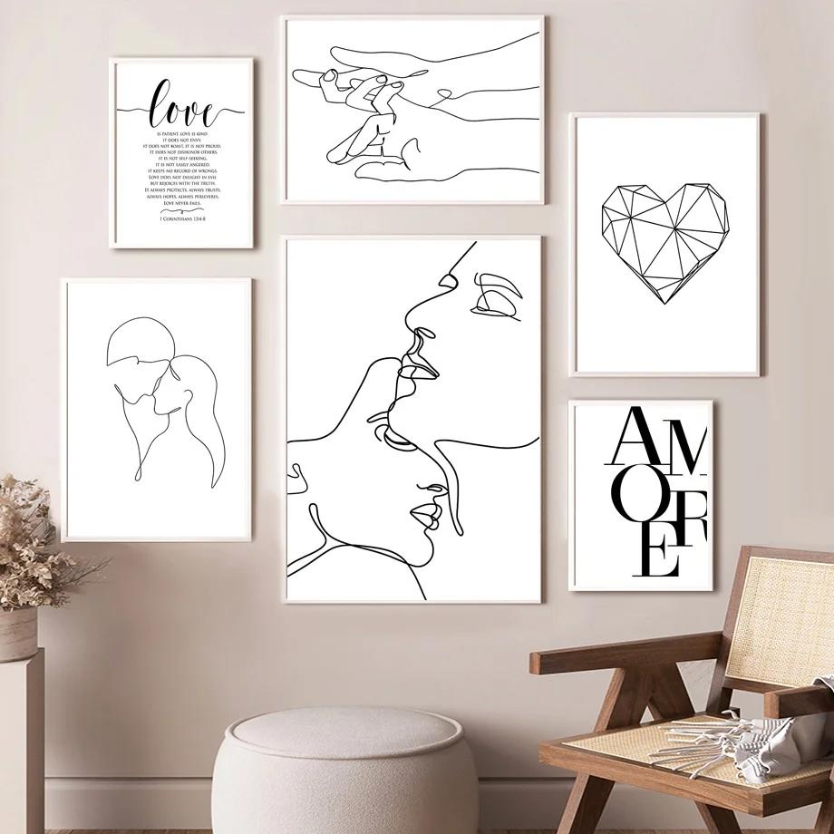 Minimalistische Linien-Paar-Kuss-Wandkunst, Nordische Poster und Drucke, Leinwandbild, Bilder für Wohnzimmer-Dekoration, Schwarz und Weiß