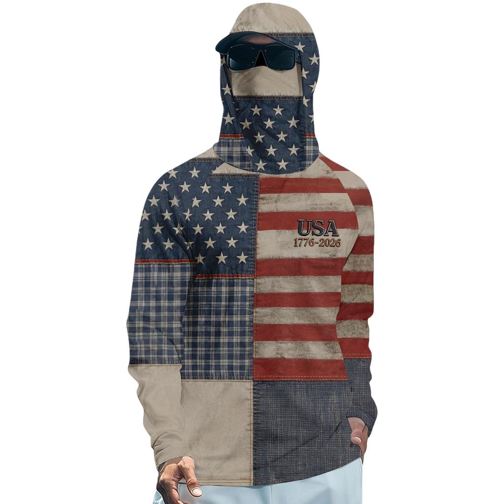 Long Sleeve Hooded Shirt with USA Flag Print Lightweight Pullover Top Casual Fit Soft Material for Everyday Wear