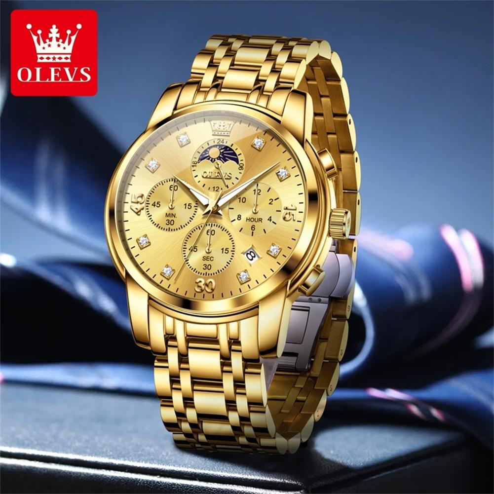 OLEVS Golden Steel Chronograph Moon Phase Mens Watches Top Brand Luxury Quartz Wrist Watches For Men Relogio Masculino