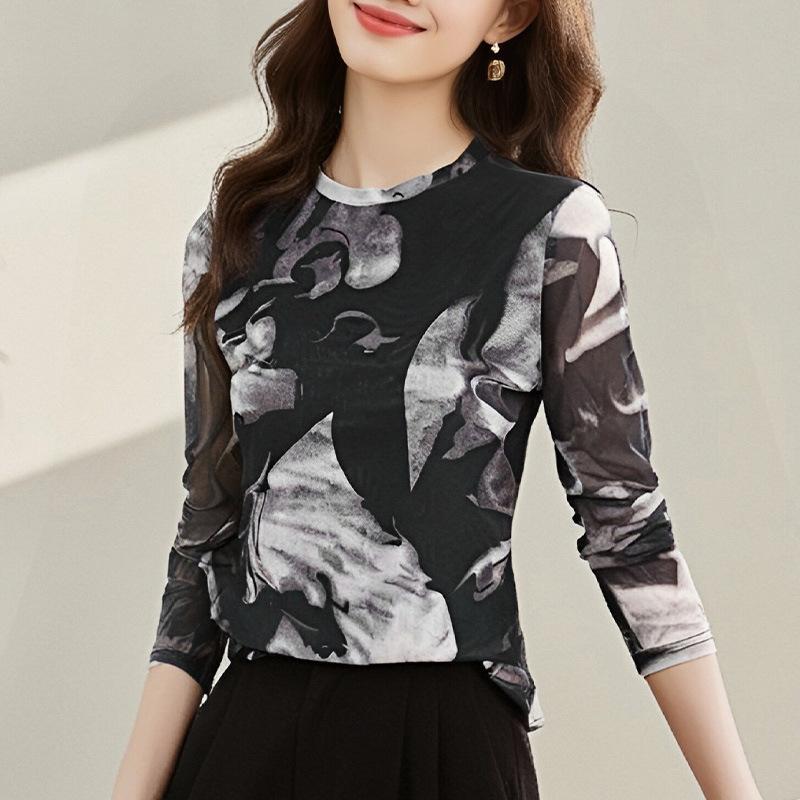 

Футболка с длинными рукавами в сетку с принтом тай-дай для женщин, весна, ретро-темперамент, базовая рубашка, модный топ 3XL