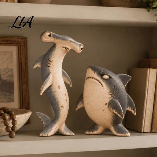 Whimsical Home Accents Funny Shark Duo Figurine, Resin Standing Desk Ornament for Office Accessories Living Room Bedroom Table Decor, Cute Collectible