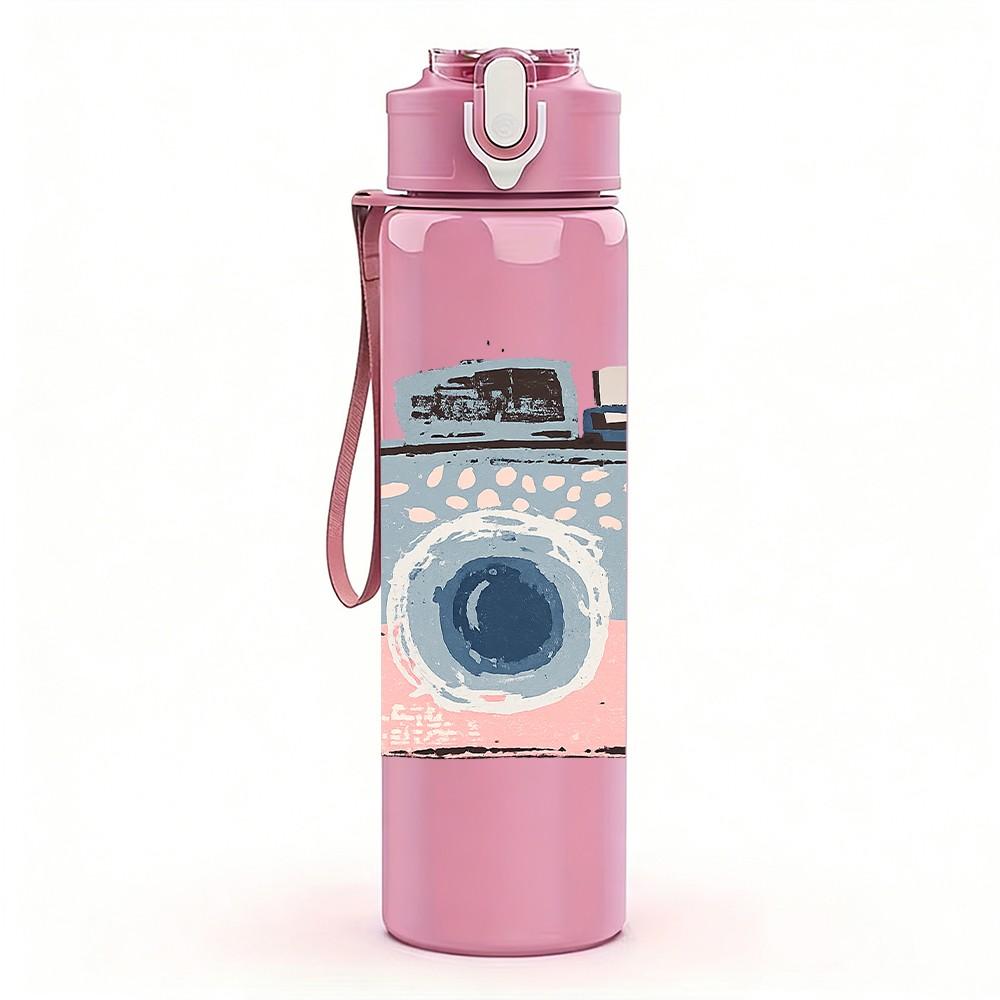1PC Retro Pink Pastel Camera Print 750ml Color Plastic Sports Water Bottle Leakproof Flip Straw Lid Suitable for Sports Office Home Use