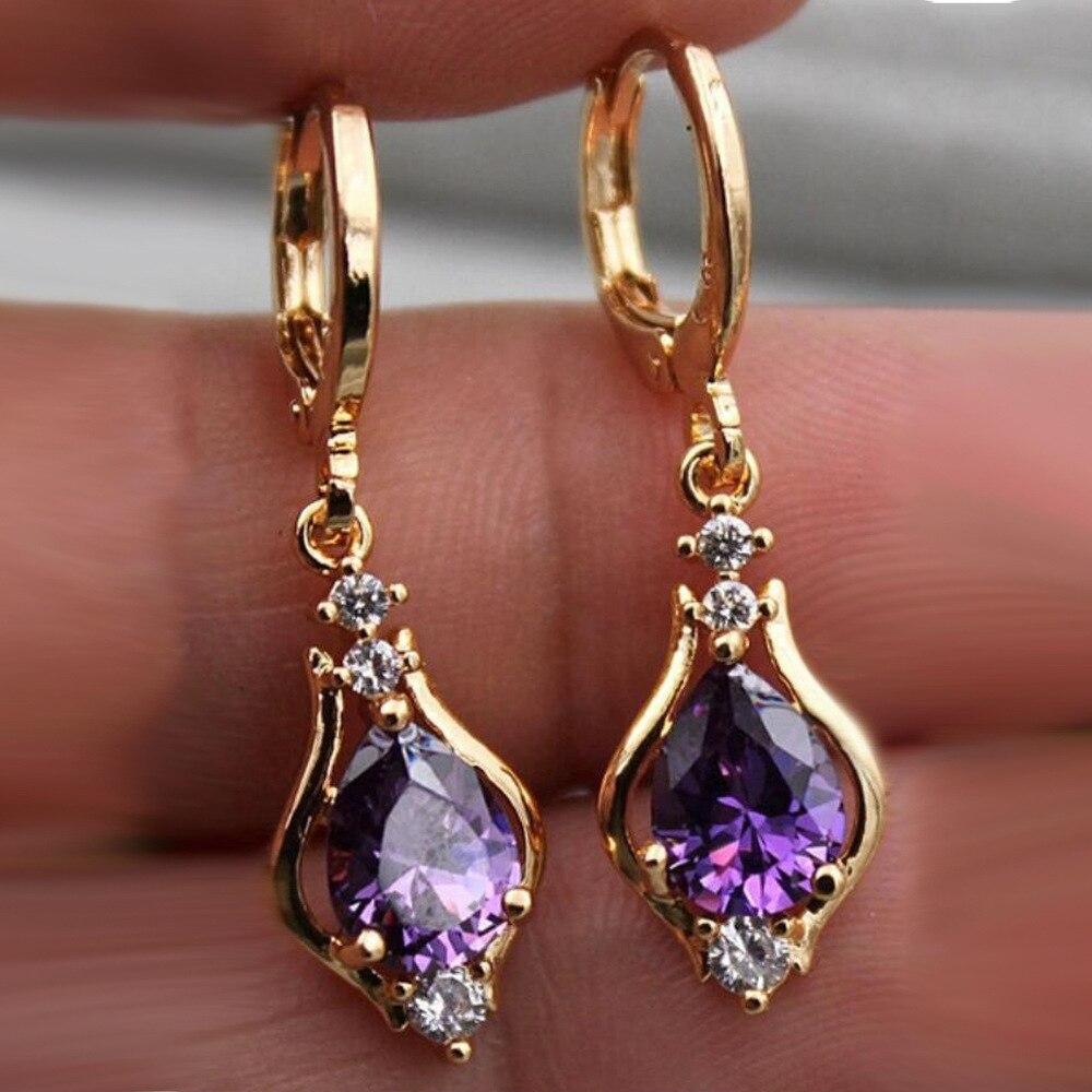 Purple Cubic Zirconia Teardrop Earrings Fashion Gold Color Dangle Earrings For Women Birthdays/Anniversaries Jewelry
