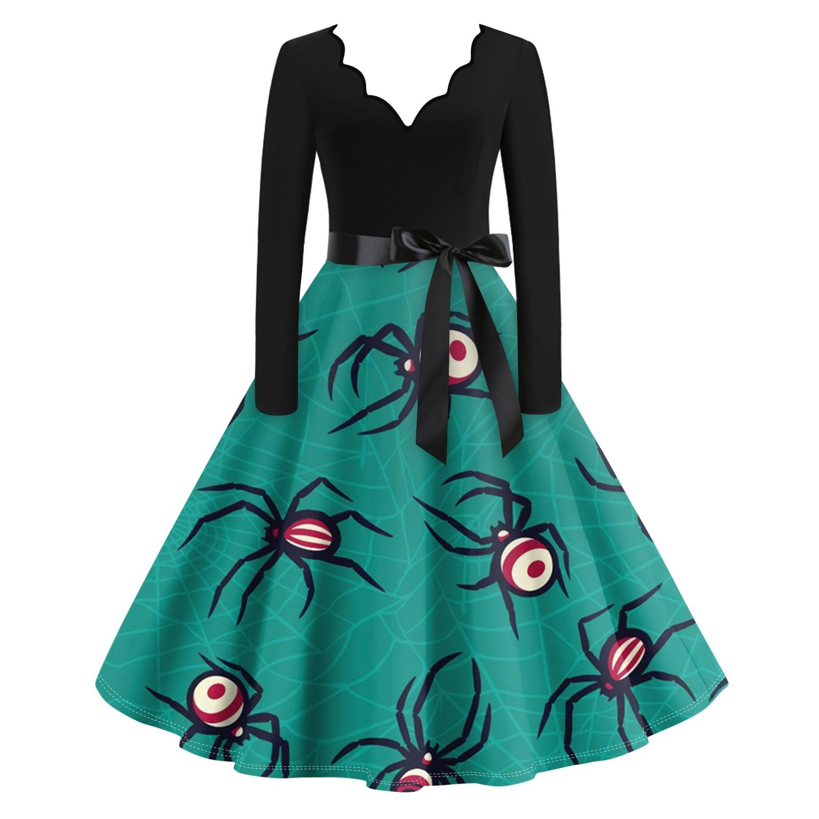 

Расклешенное платье с принтом Хэллоуина для женщин Платье с длинным рукавом Повседневные платья XXL зелёный