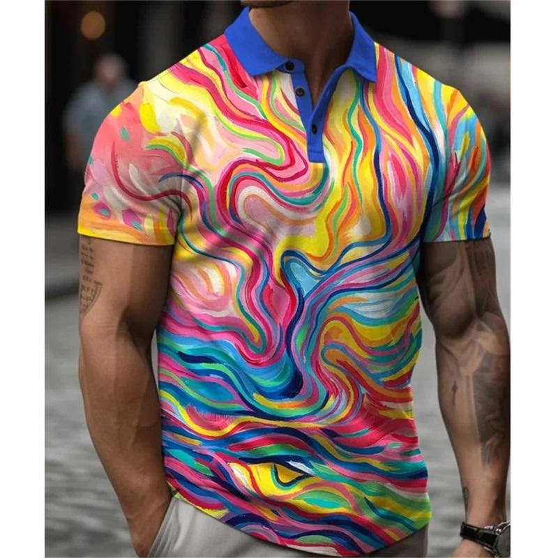 Full Print Fashion Polo Shirt For Men Summer Short Sleeve Button Collar Colorful Stripe Pattern Shirt New In Men's Tennis Tshirt
