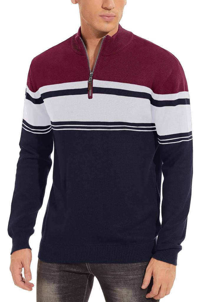 Pulover de golf tricotat de toamnă pentru vreme rece, cu fermoar interior pe un sfert, guler înalt, gros, mărime mare, tricotat, roșu 3XL [TACVASEN], bărbătesc, bleumarin/vin