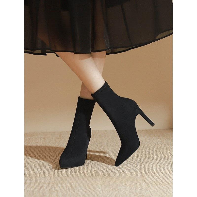 Pointed elastic thin boots nude thin heel medium tube year short boots women's spring single boots