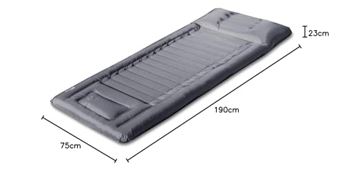 FIELDOOR Compact Air Mattress with Pillow [Gray] 195cm X 75cm X 14cm, Built-in Pump, Compact Storage, Ripstop Fabric, Double Valve, Camping, Outdoor