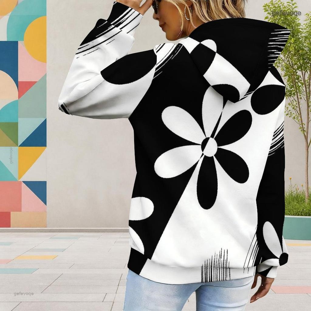 Women Plus Size Black White Floral Printed Long Sleeve Drawstring Hood Kangaroo Pocket Pullover Hoodie