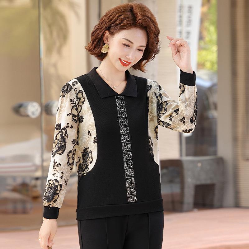 

2026 Spring Autumn Rhinestone-Embellished Floral Long Sleeve Casual Top for Middle-aged and Elderly Women 2XL (105-120 jin) чорний
