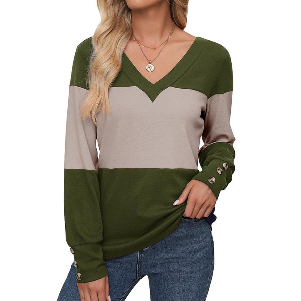 Women's Loose V-Neck Long Sleeve Colorblock T-Shirt Button Long Sleeve