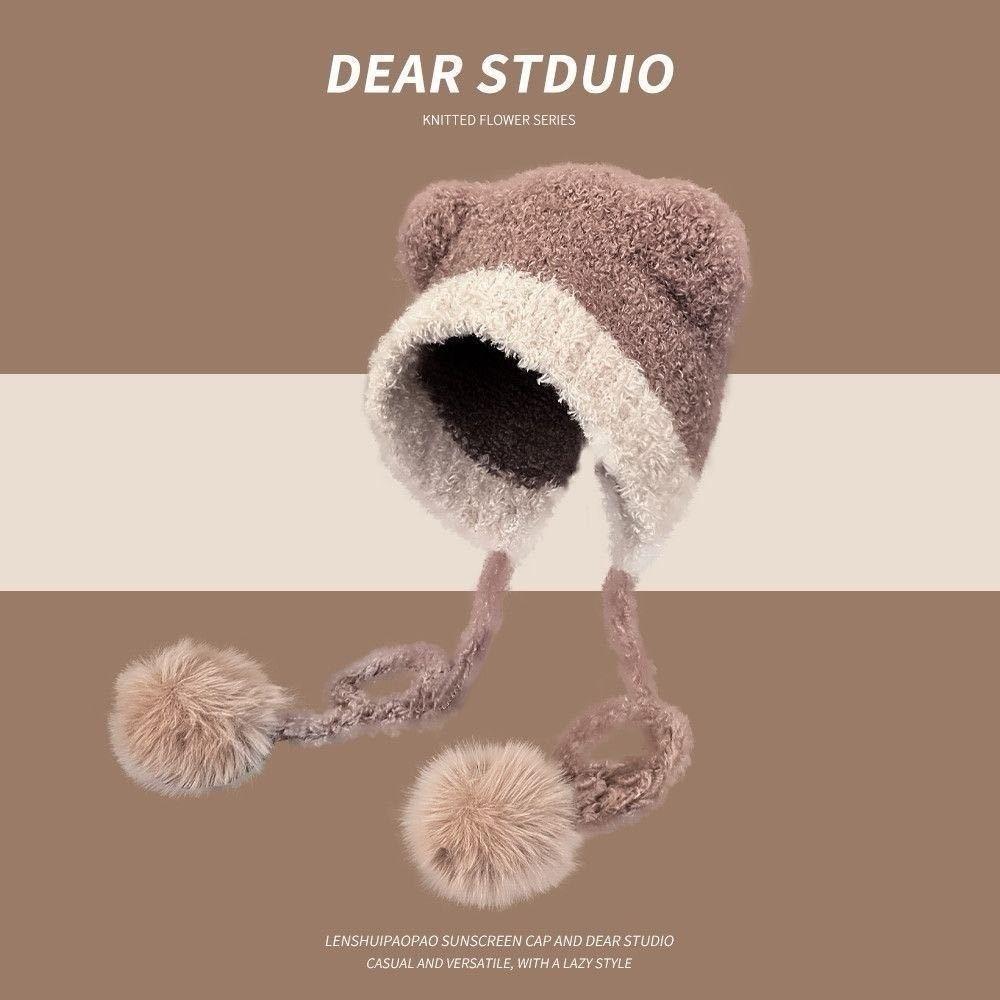 Neue Niedliche Bären Strickmütze Gestrickte Bommel Pullovermütze Winddicht Kälteschutz Beanie Mütze für Outdoor Radfahren Skifahren