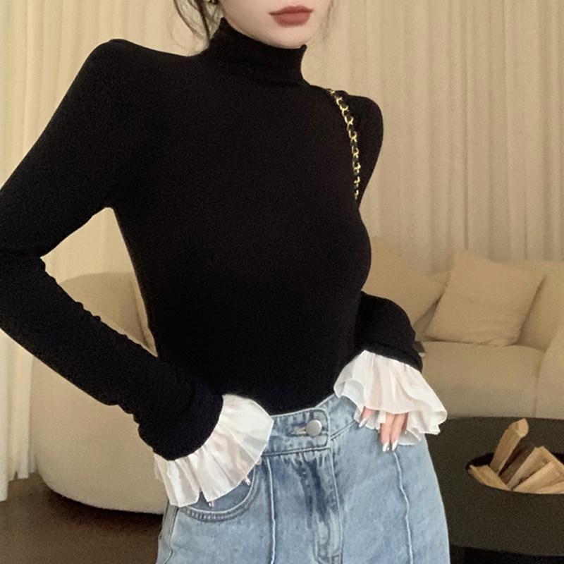 

Korean Style Slimming Bell Sleeve High-Neck T-Shirt for Women - Autumn/Winter 2025 M