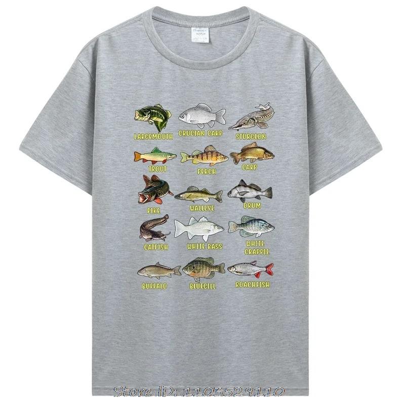 Types of Freshwater Fish Species Fishing Shirt Fishermen Shirt Graphic Oversized Unisex Fitness O-Neck T-shirt Cotton Tops Tees