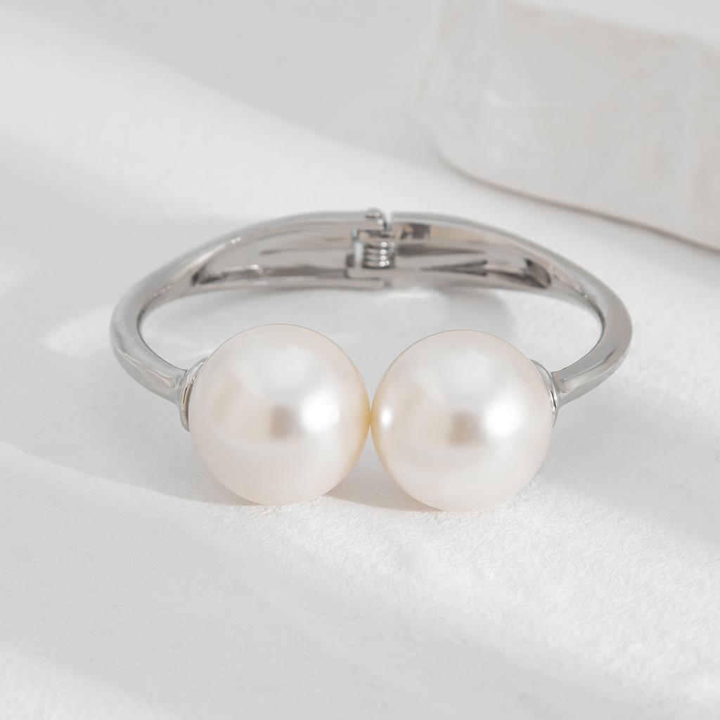 Ins Vintage Big Pearl Wide Cuff Bangles Men Hip Hop Punk Gold Silver Color Geometric Spring Bangles For Women Bracelet Jewelry