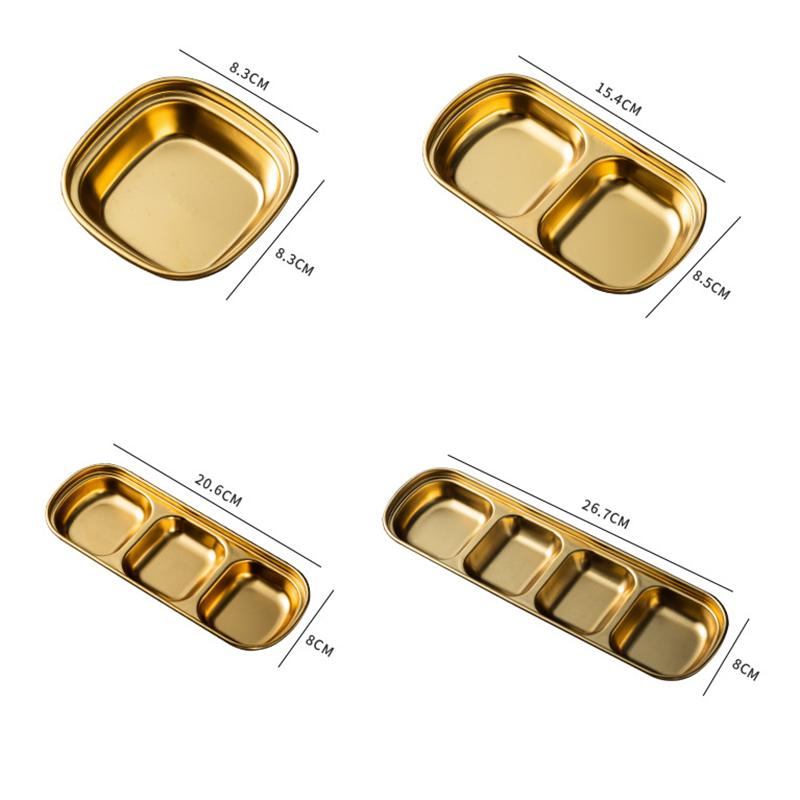 Stainless Steel Sauce Dish Multi Compartment Condiment Plate Gold Color Thickened Korean BBQ Dipping Plate Outdoor Picnic Dish Camping Tableware