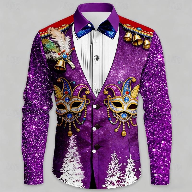 Camisa de Manga Larga con Estampado de Máscaras de Carnaval para Hombre, Camisa Casual Azul Brillante para Fiesta Navideña, Elegante de Manga Larga con Cuello para Hombre