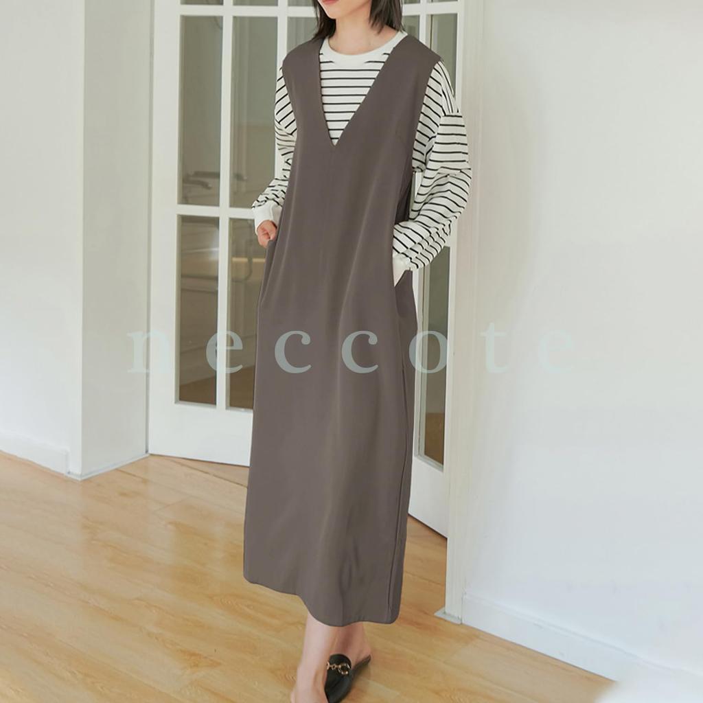 Necoat Jumper Long Size M Women's Skirt, Dress, V-Neck, Maternity, Slit, Figure-Flattening, Formal, Spring, Summer, Autumn, Gray,