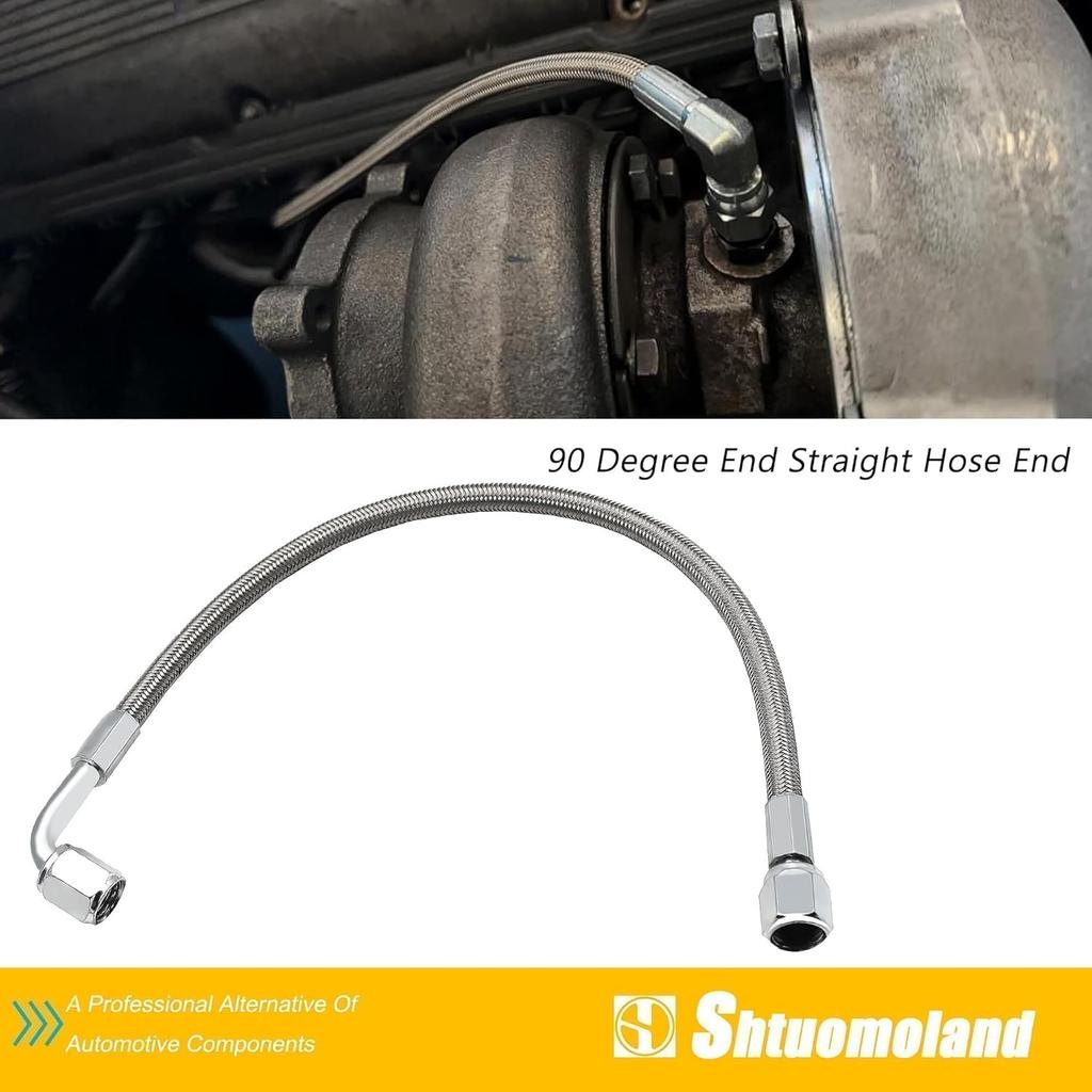 551871 4AN Turbo Oil Feed Line 12" Length Stainless Steel Braided AN4 90 Degree End Straight Hose End 4AN Pressure Stainless Remote Turbocharger Oil