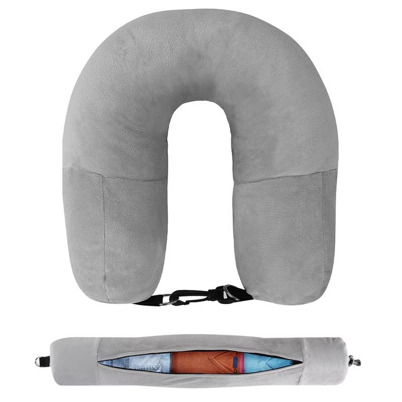 Travel Neck Pillow With Fillable Clothing U-Shaped Pillowcase, Extra Storage Bag, Velvet Neck Pillow Cover For Airplane Travel